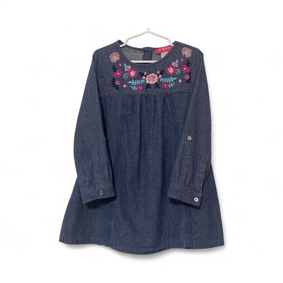 U Knit Girls Denim Long Sleeve Embroidered Floral Pattern Dress 5T - Picture 1 of 6